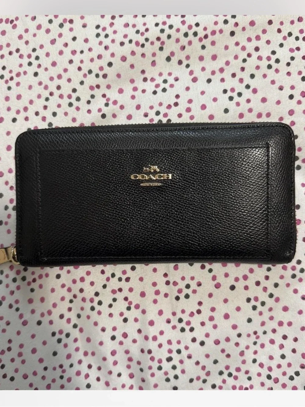 Coach Black Saffiano Zip-Around Wallet with Gold Logo